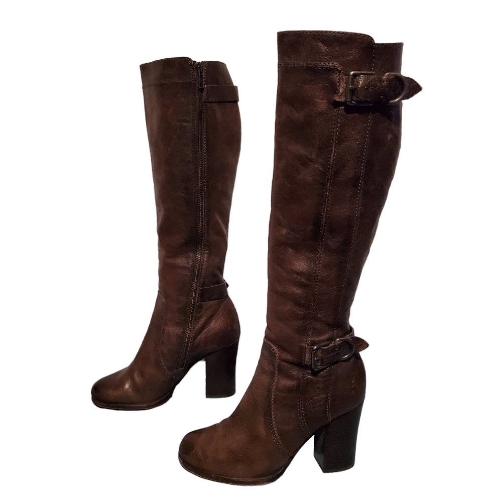Frye Brown Leather Knee-High Zip-Up Harness Riding Boots Women's Size 7.5M